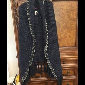 Escio Navy and Grey Shawl  Sweater with Fringe.